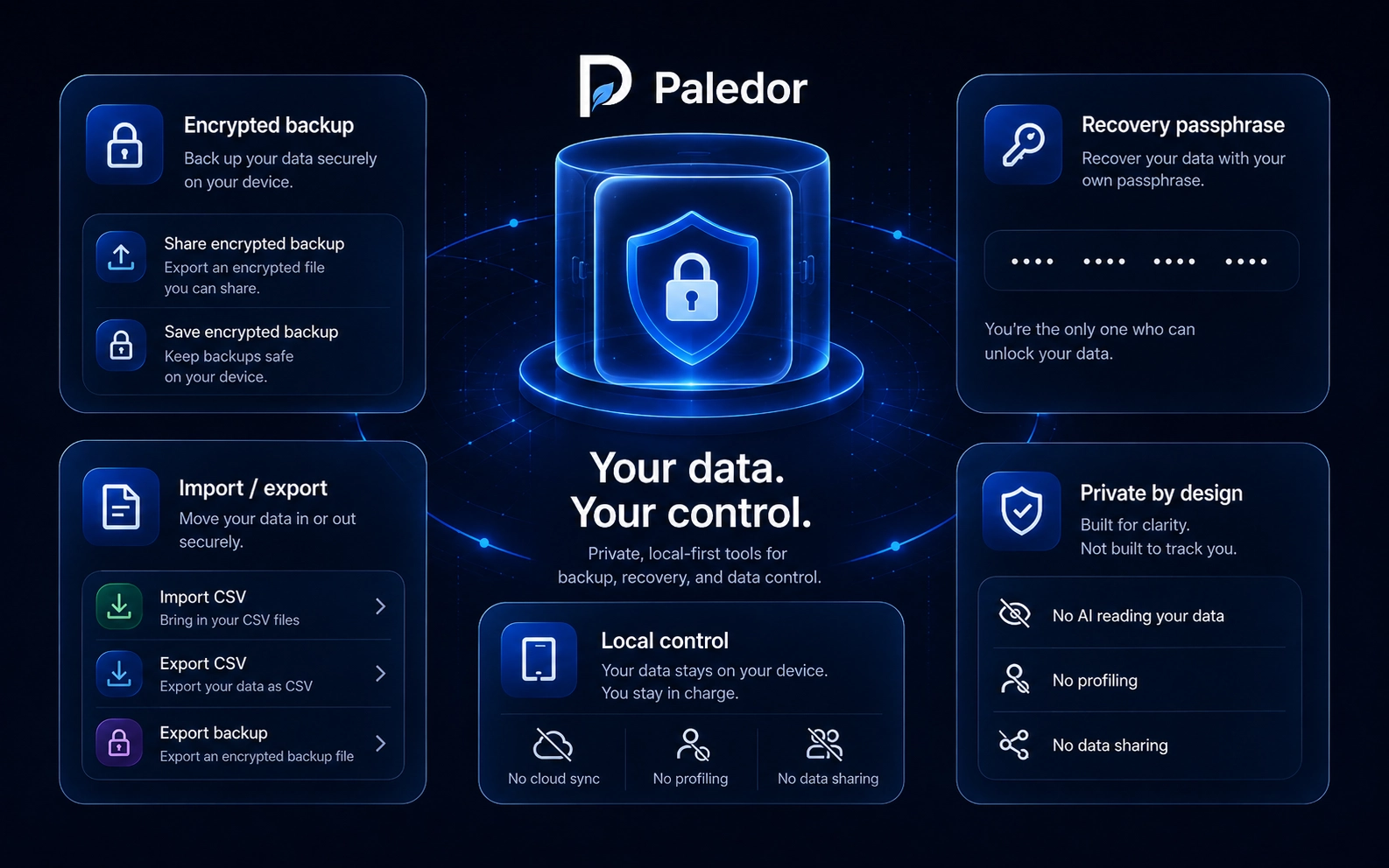 Paledor privacy-first control visual showing encrypted backup, recovery passphrase, local control, and no AI reading your data.