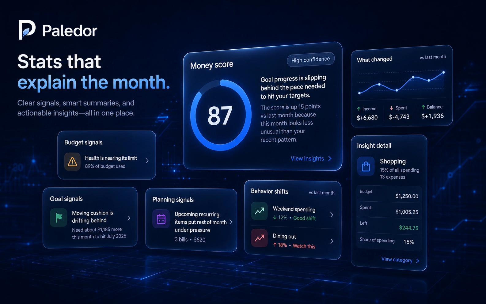 Paledor stats and insights visual showing money score, budget signals, goal signals, planning signals, behavior shifts, and what changed.